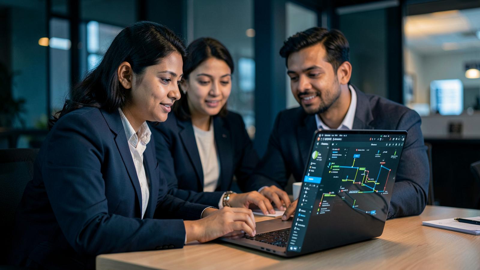 Two Infinitus consultants reviewing deployment dashboards together on a laptop