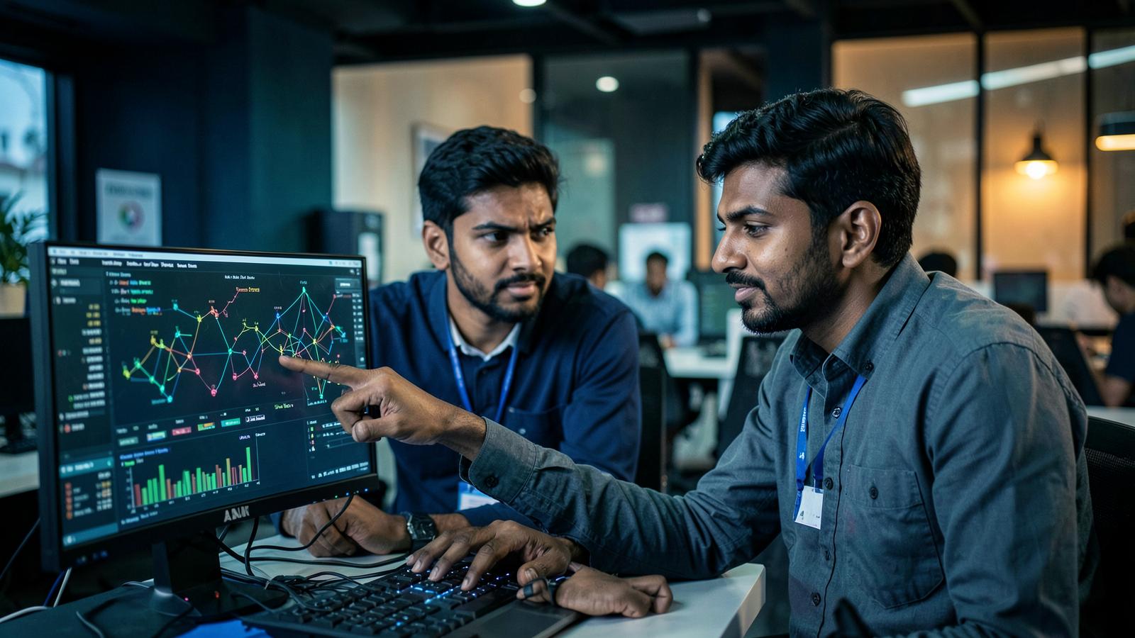 Two Infinitus AI engineers reviewing a neural network visualisation on a monitor