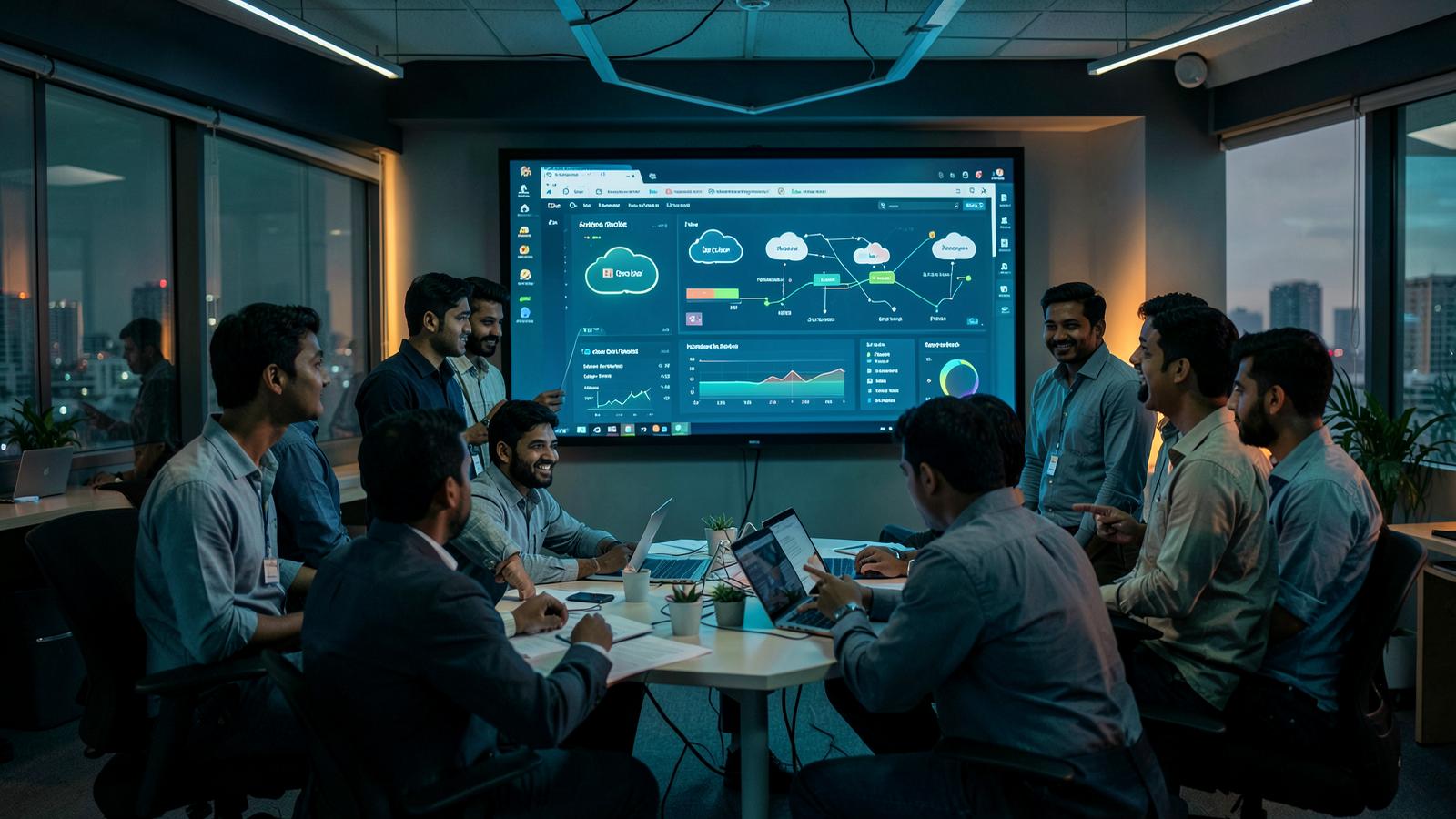 Infinitus Data Logic engineers collaborating around cloud architecture dashboards in the Chennai office