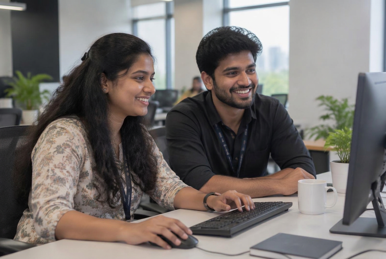 Two Infinitus Data Logic engineers, a woman and a man, working together at a desk in the Chennai office